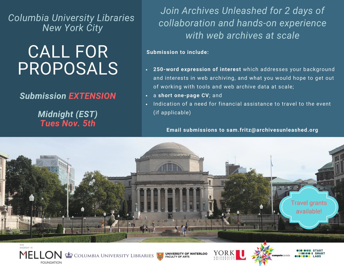 unleasharchives's tweet photo. Want to work w/ web archives for 2 uninterrupted days? Now's your (last) chance!
#NewYork Datathon @columbialib deadline EXTENSION to Tues. Nov. 5 --> 1pg CV + Statement of Interest; #TravelGrants available.
#webarchiving #historians #librarians #archivists #DH https://t.co/Jhpw928vv9