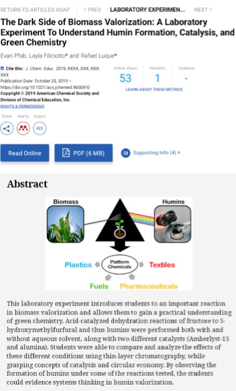 LaylaFiliciotto's tweet photo. How much I love our #graphicalabstract 😍 While @Evan0nEarth was a @FulbrightSpain in the @383Fqm group, we had the chance to participate in a special issue on #systemsthinking of the #ACS JCE on the dark side of #biomass:Humins! Hope you students will enjoy it as much as we did! https://t.co/aARPZZx1is