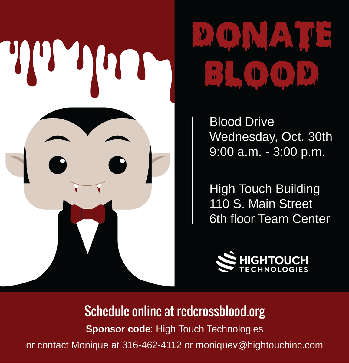 HighTouch's tweet photo. Give blood TODAY in @DowntownWichita! Available time slots: 12:45pm, 1:15, 1:45, 2, 2:15, 2:45! Call Monique at 316-462-4112 to schedule or go online with sponsor code High Touch Technologies https://t.co/w1aVTbMkFA @WichitaRedCross #Wichita #bloodDrive #DonateBloodSaveLives https://t.co/u37Y7B67fU