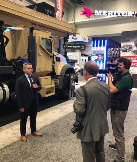 MackDefense's tweet image. AUSA 2019 - Behind the scenes photos of interviews happening with Mack Defense team and Manitowoc regarding the All-Terrain Crane - 40T for Army Recognition

#ArmyRecognition
#MackDefense
#AUSA2019