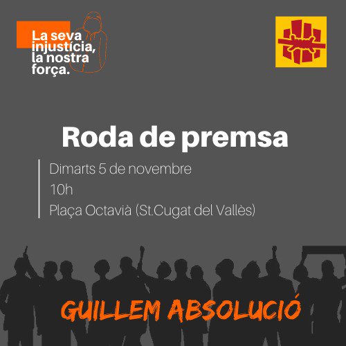 GAbsolucio's tweet photo. Que va passar el dia 18/10 quan van detenir al Guillem?  

El dia 5 de novembre a les 10h a la Pl. Octavià (St. Cugat del Vallès), farem una roda de premsa on explicarem els fets ocorreguts, farem declaracions sobre l'actuació policial i la detenció del Guillem.

Us hi esperem 💪 https://t.co/tpbpUS5hMA