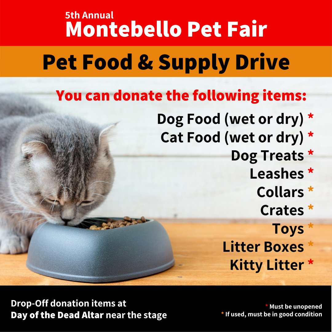 MTBPetFair's tweet photo. 🍗 Pet Food &amp; Supply Drive 🍗⁣
#MontebelloPetFair will be accepting donations at the event on 11/2 at Montebello City Park.
 ⁣
📍Drop-off at our Day of the Dead (Dia de los Muertos) altar near the stage.⁣

Items will be donated to @PetsofHomeless. https://t.co/oBeW9EGUpp https://t.co/edlFmYI1a7