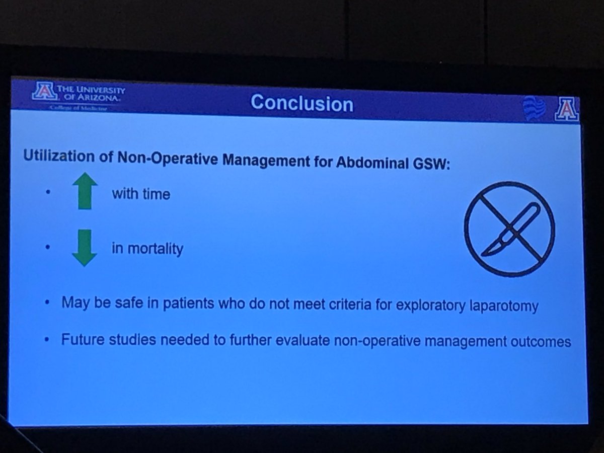 A great presentation by Dr. to be Aaron Masjedi @AaronMasjedi on the non-operative management of abdominal GSW #ACSCC19 @UofAZSurgery @AZTraumaCats