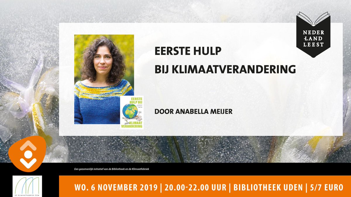 Het Thema van Nederland Leest  2019 is duurzaamheid. 
Bibliotheek Uden en de Klimaatfabriek organiseren een lezing met aansluitend een gesprek. Woensdag 6 november 20.uur. Praat mee over klimaatverandering en wat je zelf kunt doen! Kaarten: bit.ly/34e3rbW