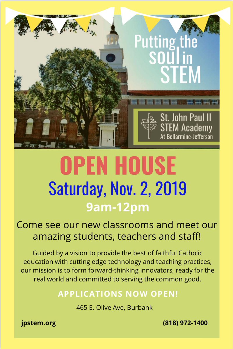 jp2stem's tweet photo. We hope to see you at our Open House this Saturday! @STEMschoolsLA @STEMEduc @BurbankLeader @BurbankChamber  @CatholicEdLA @StemEdCoalition @BillGates @STEMatND @BurbankPD @StCharlesBruins @SRBburbschool @StPatrickNoHo @SFDS_School @StCyrilEncino https://t.co/5DXx29WdBp