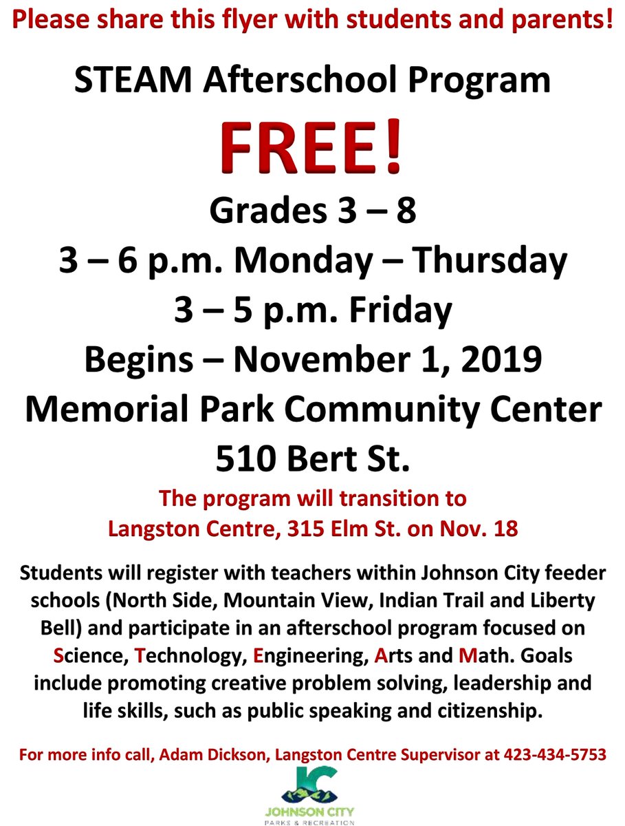 Langston Centre offers STEM afterschool program. Beginning Friday, Nov. 1, the Langston Centre will offer a free STEM afterschool program for students in grades 3-8 at Memorial Park Community Center, 510 Bert St. For more information call Adam Dickson at 423-434-5753.