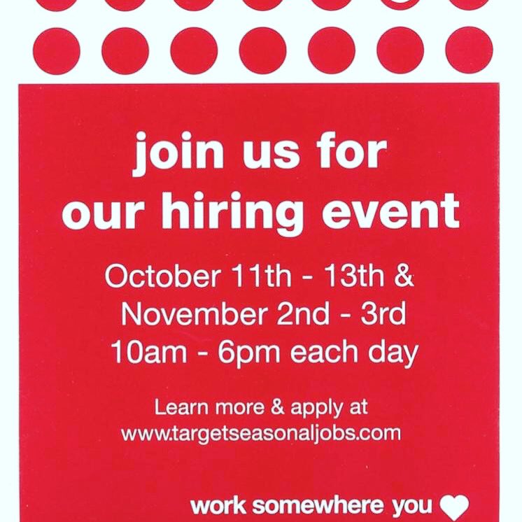 Come see us this weekend at our Michigan Road location in Carmel, IN for our National Hiring Event. I mean who couldn’t use some extra cash for the holiday season!  Looking forward to meeting you!!  Apply at Target.com/careers #worksomewhereyoulove