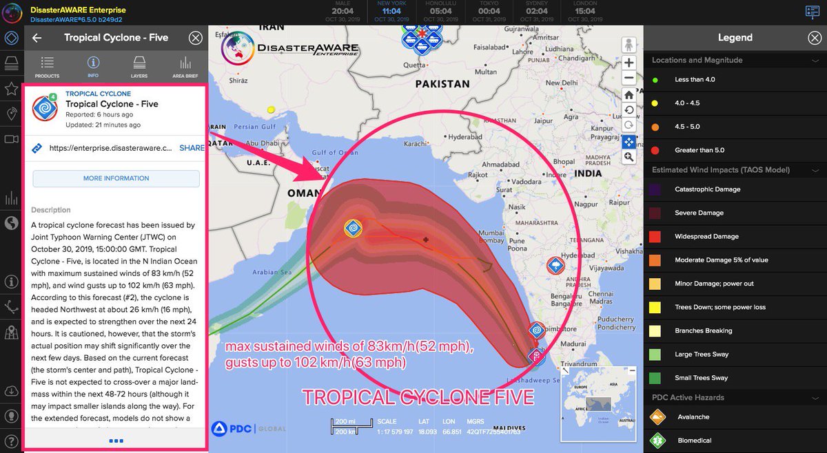 DisasterawareE's tweet photo. Another Cyclone, #Five, #Kyarr is right alongside of it.
Five, is located in the N Indian Ocean with maximum sustained winds of 83 km/h (52 mph), and wind gusts up to 102 km/h (63 mph).
#Share2Help
https://t.co/sLRASo826F https://t.co/4ntdVYfcCB
