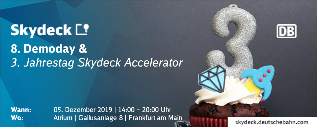 Du wolltest schon immer mal wissen an welchen digitalen Innovationen die Deutsche Bahn arbeitet? Melde Dich jetzt  zum 8. Demoday und 3-jährigen Jubiläum des #SkydeckAccelerator am 05.12. in FFM an => bit.ly/8DemoDay_T | #KI #Blockchain #DataAnalytics #IoT #VR #DBdigital