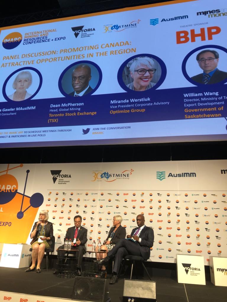 optimize_group's tweet photo. "Canada has a good capital market to sustain companies interested in looking for capital...at @optimize_group we assist companies by providing the right pools of capital to the right company."
Miranda, sharing in a panel discussion at @IMARC_Mining about 'Promoting Canada' #IMARC https://t.co/5JdG4OUOvg