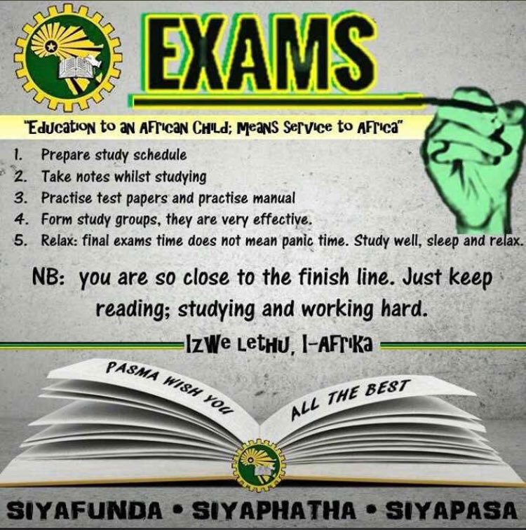 PASMA Wishes You All The Best In Your Examinations,
for we believe "Education to Us Means Service o Africa!"

Izwe Lethu!✋🏿