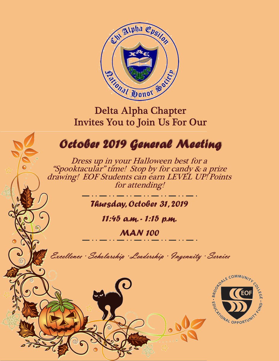 BrookdaleCC_EOF's tweet photo. Join #DeltaAlpha for their #Halloween2019 SPOOK-Tacular General Meeting!  Drop by MAN 100 tomorrow during #CollegeHour in your most creative #Halloween costume!  There will be candy (and perhaps a prize drawing)! #EOFScholars earn #LevelUp points! #XAE #HonorSociety #FivePillars https://t.co/L3dtqxCHbB