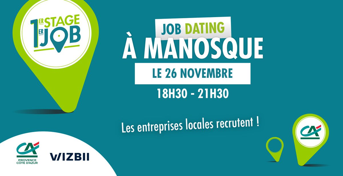 wizbii's tweet photo. 💼 Le @credit_agri_PCA vous invite à son Job Dating #1erStage1erJob le 26/11 à #Manosque ! Les entreprises locales seront présentes pour recruter. Infos et inscriptions : https://t.co/P7yMvFuP1c https://t.co/NqOu3wLWrN
