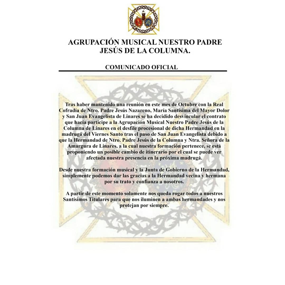 AMColumnalinare's tweet photo. 🔴COMUNICADO OFICIAL🔴

Oficialmente confirmamos la NO RENOVACIÓN con la "Real Cofradía de Ntro. Padre Jesús Nazareno, María Santísima del Mayor Dolor y San Juan Evangelista" de Linares en la Madrugá del Viernes Santo 2020. https://t.co/yiwSuEdzYj