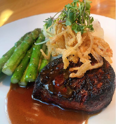 Not your average lunch: 44 Farms Prime Tenderloin with Smashed Red Skin Buttermilk Potatoes with Sautéed Asparagus and Cognac Peppercorn Sauce. #FearingsDallas