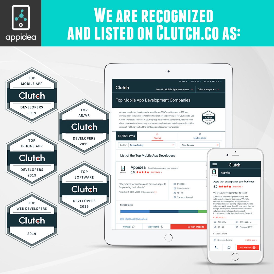 appideaco's tweet photo. We are pleased to announce that Appidea was recognized and listed on @Clutch_co in 5 categories. As we're on our last stretch with WebSummit preparations and on Saturday heading to Lisbon - that news makes us very happy and proud + gives us a powerful kick off before https://t.co/78JEqKsopR