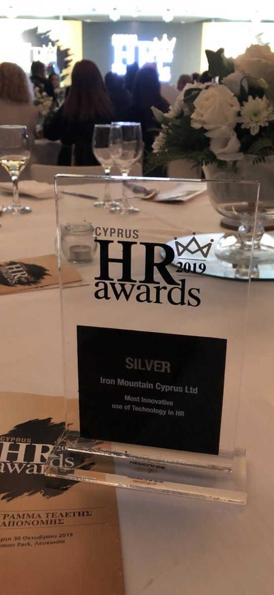 IronMountainCy's tweet photo. Iron Mountain Cyprus awarded today with the 2019 HR Award for Most Innovative Use of Technology in HR. Another important recognition of the efforts of our management, our trusted HR team and the whole of the company and a strong motive for our future growth. https://t.co/rxaSmtkuT9