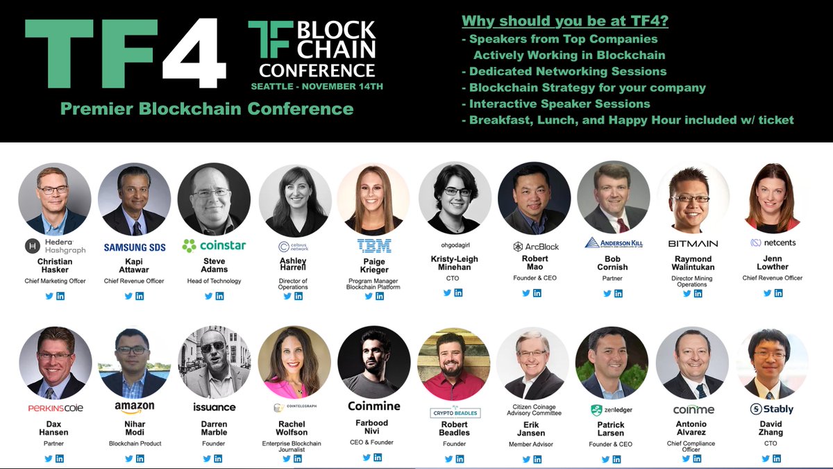 tflabs_'s tweet photo. Happening 11/14 in #Seattle, TF4 over-delivers to those seeking out the opportunities in #blockchain and #cryptocurrency. 

Check out the stellar lineup of experienced professionals excited to network and share their insights at #TF4!

Tickets: https://t.co/zJXjZaPzY0 https://t.co/cpcjfpcjAC