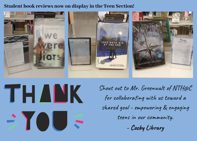 Teen book reviews now at the Library! Thanks <a href="/c_gwalt/">Clay Greenwalt</a> for involving us in this project. It's a blast to talk about recent teen fiction with <a href="/NewTechCoppell/">New Tech High @ Coppell</a> learners, and it's enjoyable to read their reviews. 📚