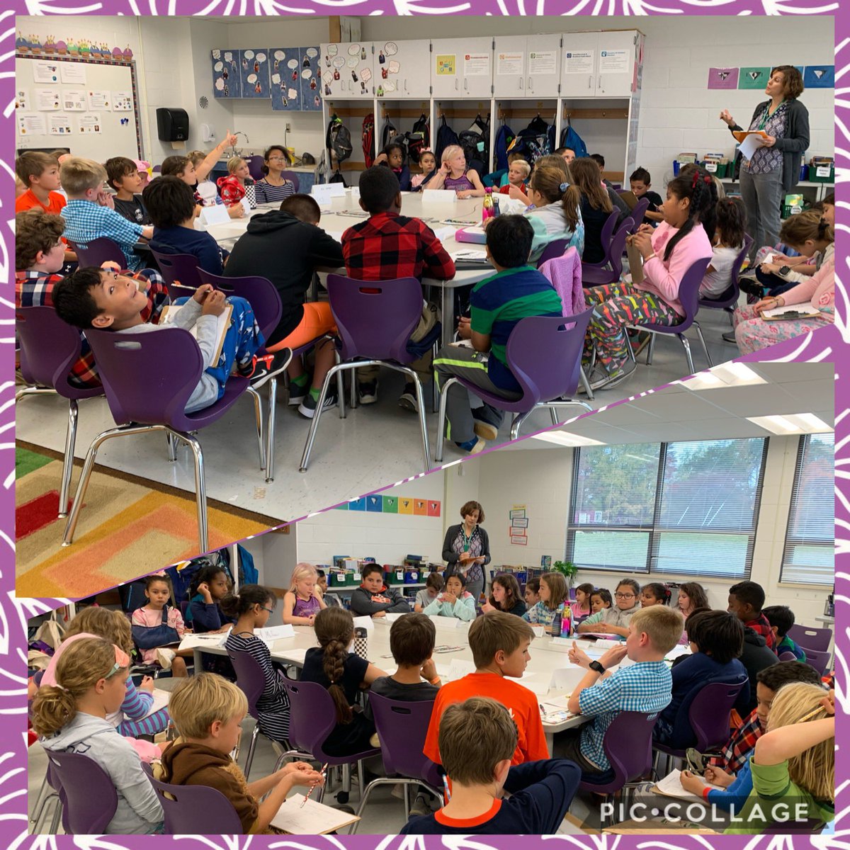 Today, my 3rd graders observed @SLESTeamHardin’s 5th graders (our buddy class) as they discussed Poe’s “The Raven” in their first Socratic Seminar of the year in the “fishbowl” configuration. Tomorrow, they will observe us! @StratfordLndgES @fcpsaap #socraticseminar #HalloweenFun