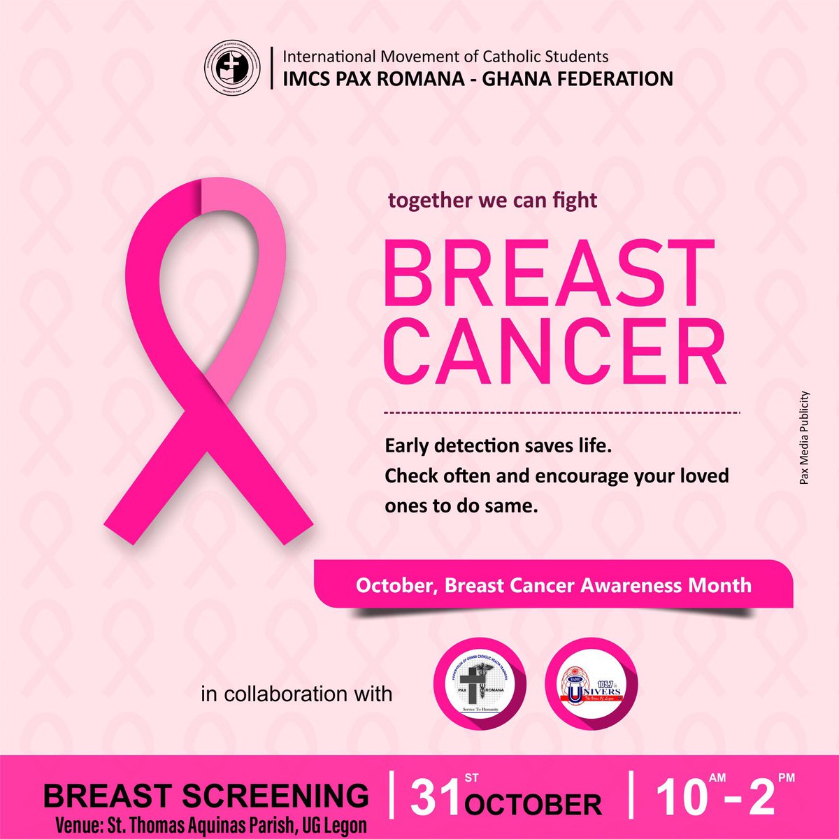 Paxromanaghana's tweet image. Early detection saves lives... Come to St. Thomas Aquinas Parish tomorrow for a free breast screening exercise. 

#iPinkiCan #BreastCancerAwareness