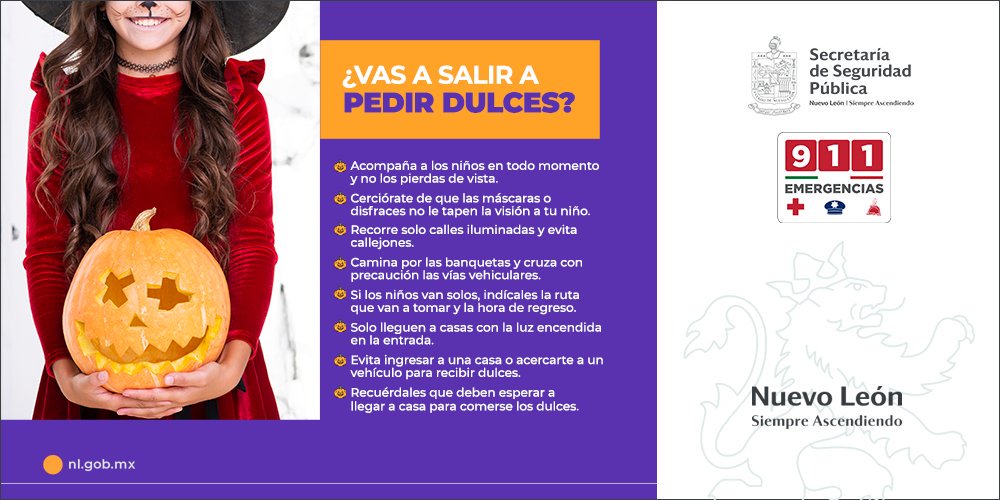nuevoleon's tweet photo. 🎃👻 ¿Vas a salir a pedir dulces? Sigue estas recomendaciones para evitar accidentes y disfrutar seguro el recorrido durante la recaudación de golosinas. 
📲 Ante cualquier situación de riesgo marca de inmediato al número de emergencia 9-1-1.
#NuevoLeónSiempreAscendiendo https://t.co/ITHiA0oRdz