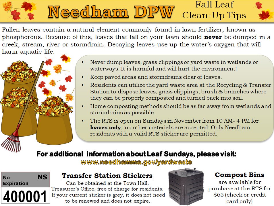 NeedhamDPW's tweet photo. 🍁🍂A Friendly Reminder from Municipup: This Sunday, November 3rd, 2019 is the first "Leaf Sunday" at the RTS. Leaves are always accepted during regular business hours, Tuesday-Saturday, 7:30 AM - 4:00 PM. 🍁🍂#NeedhamDPW #RecyclingAndTransferStation #FallCleanUp https://t.co/Vyoij74tlC