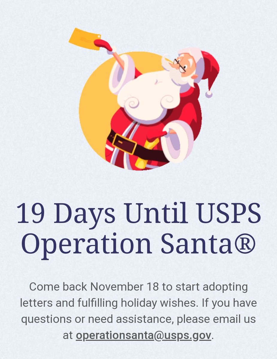 USPSOpSanta's tweet photo. Beginning Nov. 18 you can go to https://t.co/2GCbTl4Wve and help a child or family have a wonderful holiday #HelpSantaHelpKids #OneLetterToSantaAtATime https://t.co/XihvDsMtql