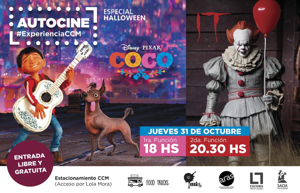 MuniSaltaRRHH's tweet photo. CINE GRATIS #MAÑANA
Disfruta de dos funciones de #Autocine en la playa del #CCMSalta. Este jueves 31 se proyectarán COCO a las 18 hs (ATP) e IT (para mayores de 16) a las 20:30 hs ⏰ ¡Te esperamos!  #EspecialHalloween 💀🎃 #Autocine #ExperienciaCCM https://t.co/tNSQxCmjLB