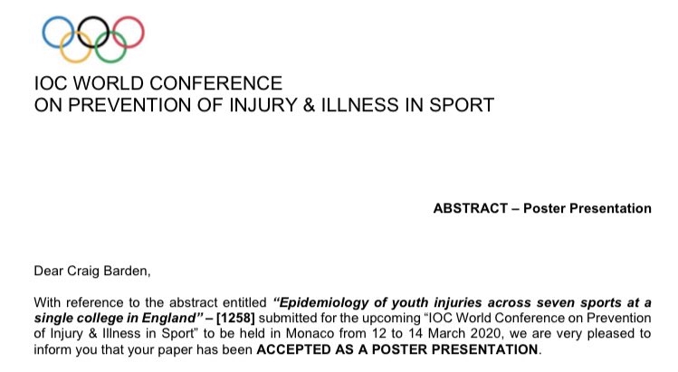 cigney's tweet image. Not every day you get accepted to present at the prestigious @IOCprevConf in Monaco 🎉

🎓 2 abstracts from my PhD investigating the implementation of @EnglandRugby Activate programme 

📝 1 abstract describing the injury epidemiology of various academies @Sport_SGS 🏉 ⚽️ 🏈 🏀