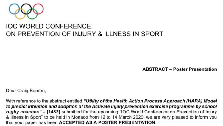 cigney's tweet image. Not every day you get accepted to present at the prestigious @IOCprevConf in Monaco 🎉

🎓 2 abstracts from my PhD investigating the implementation of @EnglandRugby Activate programme 

📝 1 abstract describing the injury epidemiology of various academies @Sport_SGS 🏉 ⚽️ 🏈 🏀