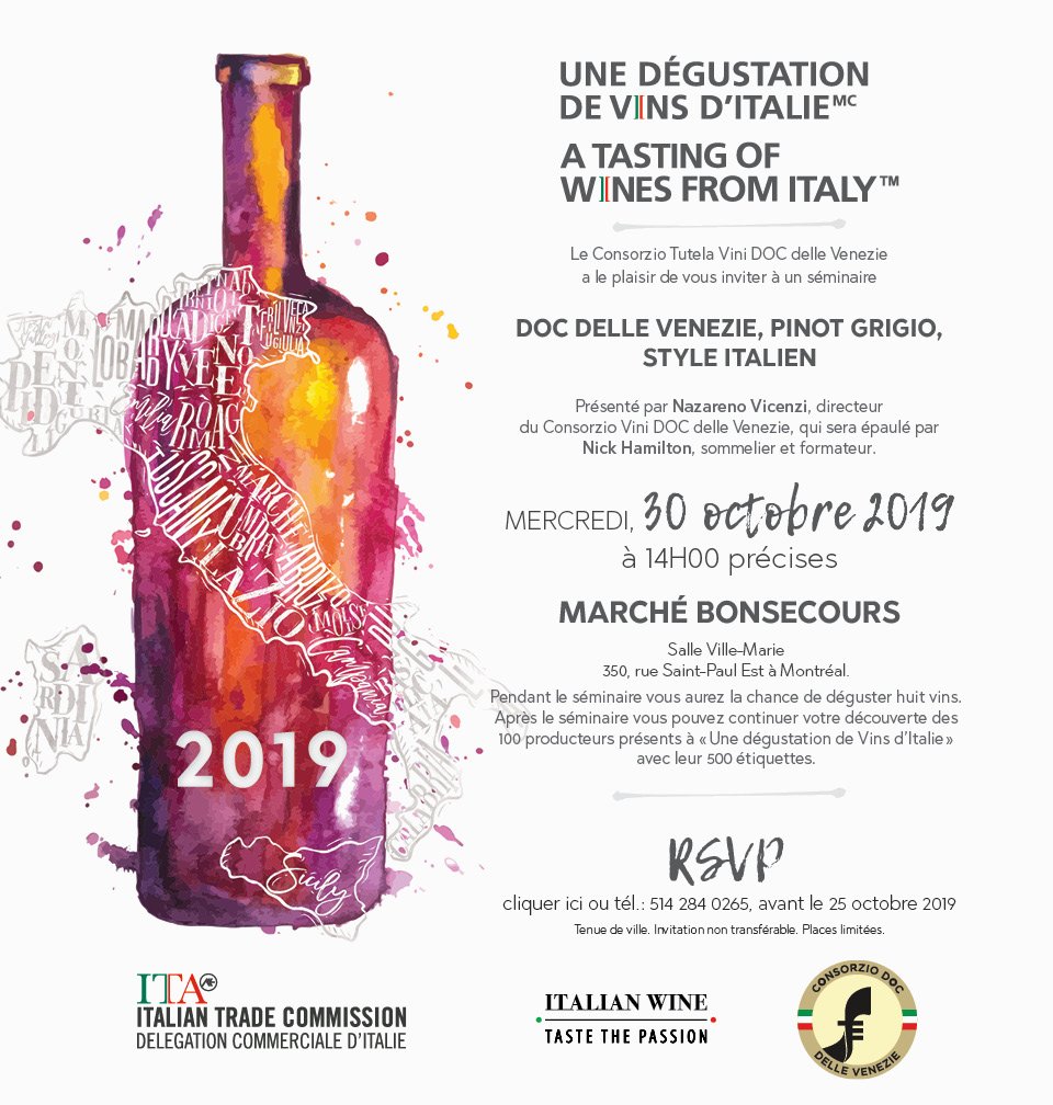 Rappel: Aujourd'hui! Il y a un séminaire-dégustation "DOC DELLE VENEZIE, PINOT GRIGIO STYLE ITALIEN" qui aura lieu le 30 octobre 2019 à 14h00 précises à la Salle Ville-Marie du Marché Bonsecours de Montréal. <a href="/delleVenezie/">Pinot Grigio Delle Venezie DOC</a> #dellevenezie #italytrade #zed_comm <a href="/Zed_CommPR/">Zed_Comm</a>