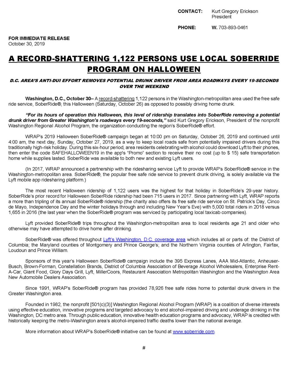 ⚠️BREAKING: A Record-Shattering 1,122 Persons Use Greater Washington #SoberRide Program on Halloween (Saturday, 10/26)