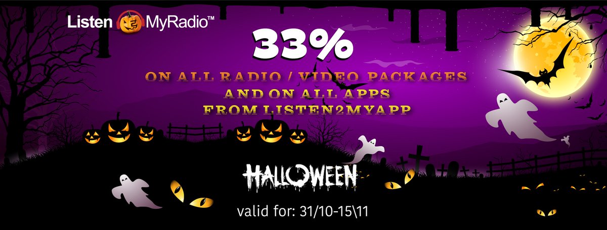 Listen2MyRadio Team wishes you a Happy Halloween and offers you one of a kind offer, 33% off on all Radio, Video And Listen2MyApp Packages.
Promotion Code: ghost
Click Here to Order - listen2myradio.com/main-order.php…