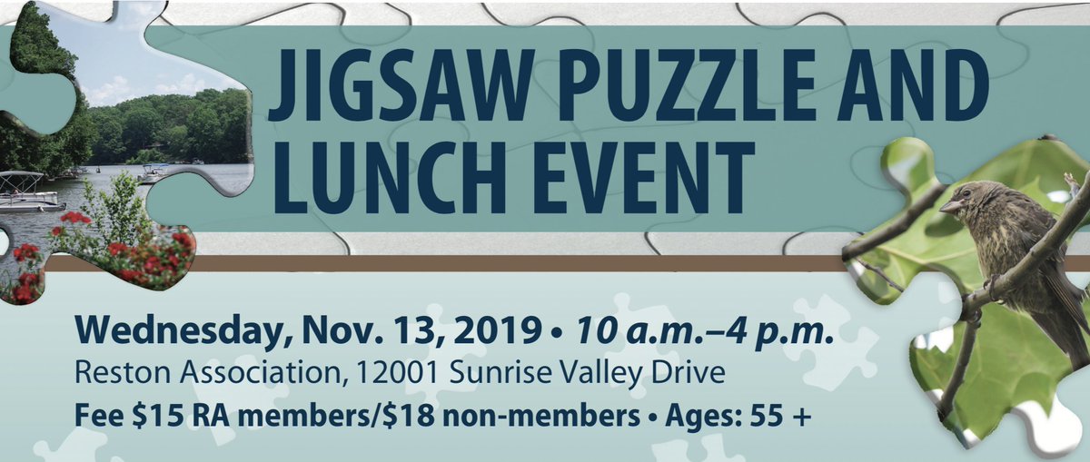 RestonOnline's tweet photo. Come out to the RA Headquarters for our Jigsaw Puzzle and Lunch Event Nov. 13. Challenge yourself with these puzzles made from beautiful photos of Reston. Lunch will be provided.
Register today: https://t.co/h4OpoKZHdM
#Reston #EnjoyReston #RAPrograms #RAEvents https://t.co/6AUsYXI2mc