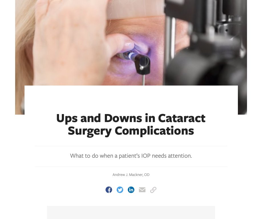 Post-op complications can happen w/ any surgery &amp; optometrists should be prepared to handle most of them. Dr. Andrew Mackner focuses on IOP following cataract surgery &amp; suggests management tactics: hubs.ly/H0lxDtn0 #cataractsurgery #surgerycomplications #IOP
