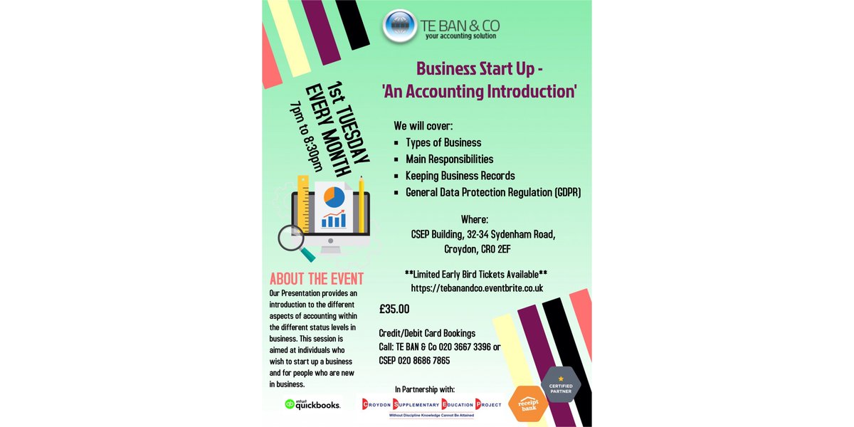TEBANandCo's tweet photo. ***NEXT WEEK***
Don't miss out on this important training session for those new to business!!
See more details at https://t.co/LpE0xbNFZ4
#accountingservices #businesstaxation #newbusinessowner #keepingrecords #startabusiness #businesstype #quickbooksonline #explorepage #GDPR https://t.co/qs2oWQFlCN