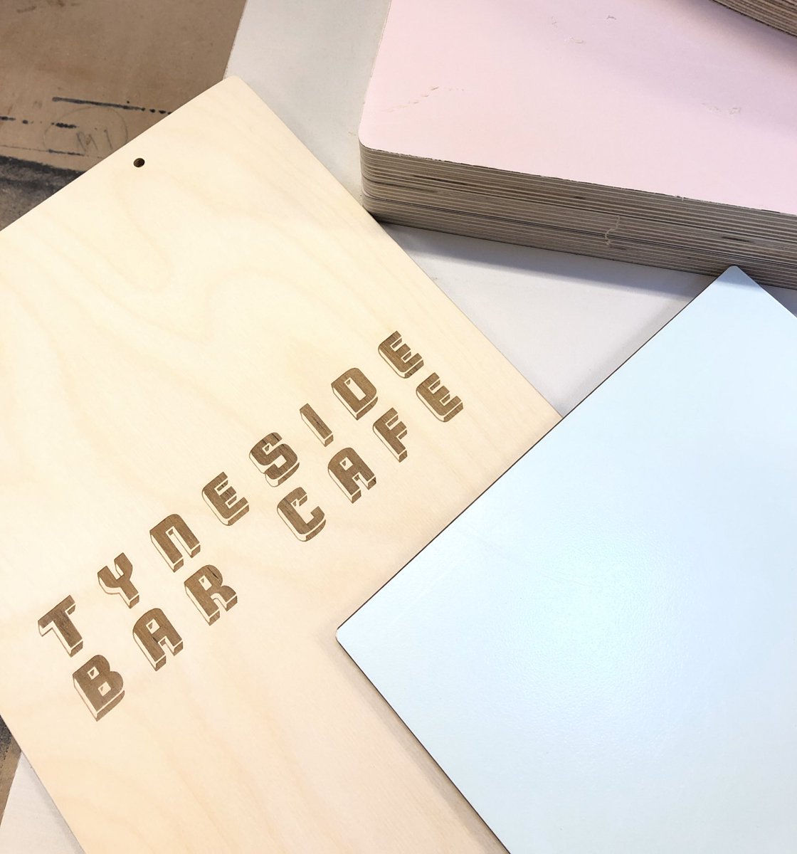 Loving the colours in the workshop this week - destined for <a href="/tynesidebarcafe/">Tyneside Bar Café</a> remodel next week... @formicagroupeu colours - Just Rose &amp; Aquamarine - work perfectly with the birch plywood with laser etched branding. #formica #madewithformica #plywood #tyneside #pastelaesthetic
