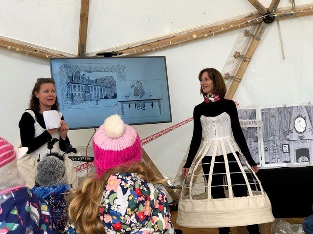 The remarkable Lara Flecker and Trisha Krauss, author and illustrator of the mysterious Midnight at Moonstone entertaining the crowd at Waddesdon Manor