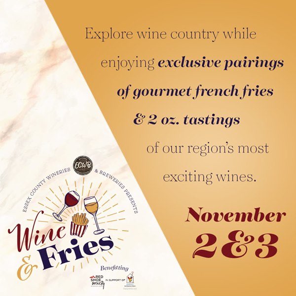 Wine? Fries?
Whatcha doing this weekend?
Join us for the Wine &amp; Fries event this weekend,
Nov 2nd &amp; 3rd at Participating wineries by @ECWineBrew benefitting the <a href="/RedShoeWE/">RedShoeWE</a> in support of the Ronald McDonald House. 
tickets/more info: ecwb.ca
#wineandfriesyqg.
