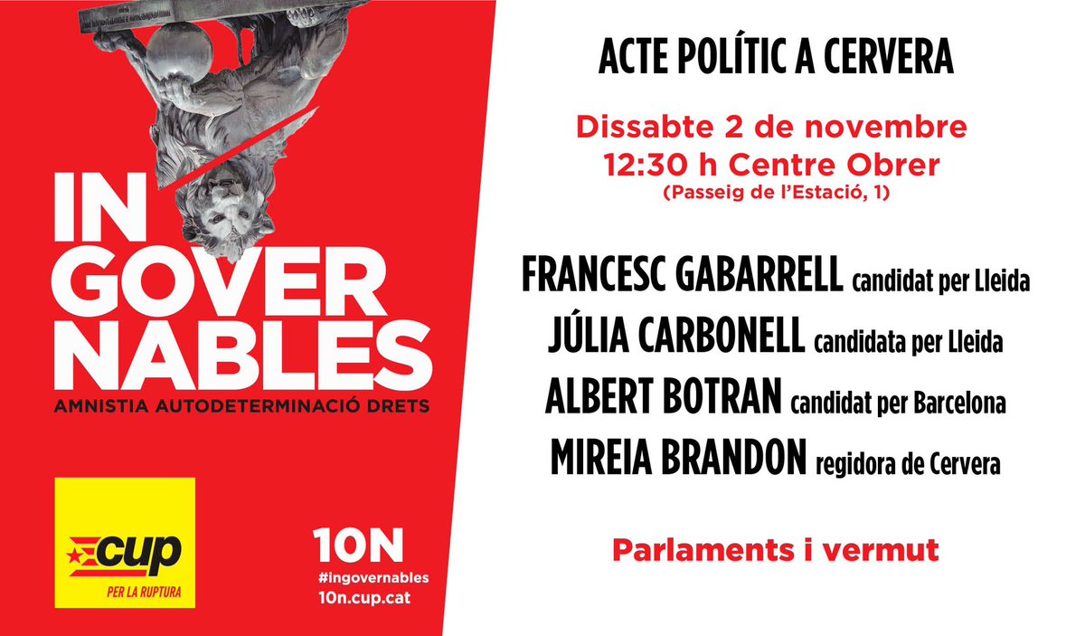 cupcervera's tweet photo. 🗣CERVERA INGOVERNABLES 🦁❌
Acte de campanya amb:
🙋🏻♂️🤟🏿@fgabarrell cap de llista per Lleida
🙅🏼♀️♀@LaCarbonell_ núm. 2 per Lleida
🕺🏼💪🏾 @albertbotran exdiputat i núm. 2 per Barcelona
🙋🏼♀️✊🏽 @MireiaBrandon regidora de Cervera
Dissabte 2 | Cervera | 12:30h
#Ingovernables https://t.co/WTVylUNuxy