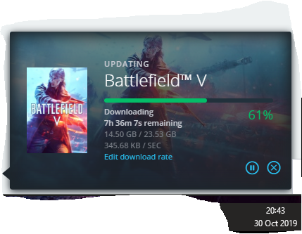 MarcoSousMey's tweet photo. @BFBulletin #BattlefieldV 
PC Update started at 17GB, for some reason it has gone up to 23.5GB. Thanks Origin
#JustOriginThings https://t.co/N5WJmZyF2y