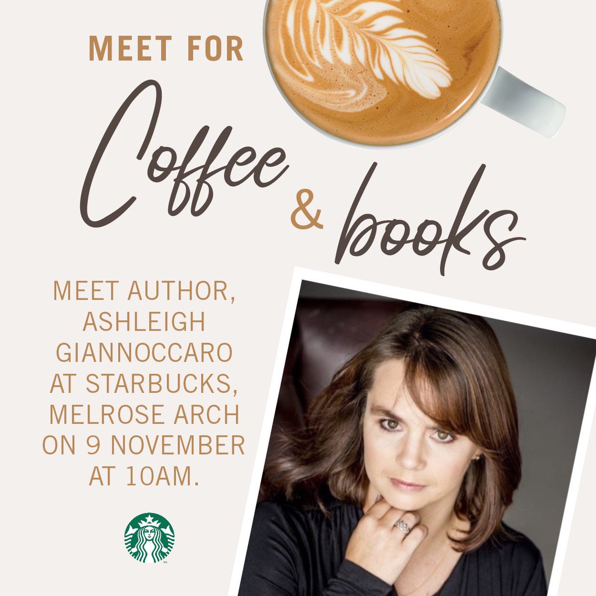 Join <a href="/mrsgiannoccaro/">Ashleigh Giannoccaro Author</a> for the first Coffee and Books at #Starbucks Melrose Arch, Saturday 9th Nov at 10am.  Share with #bookworms