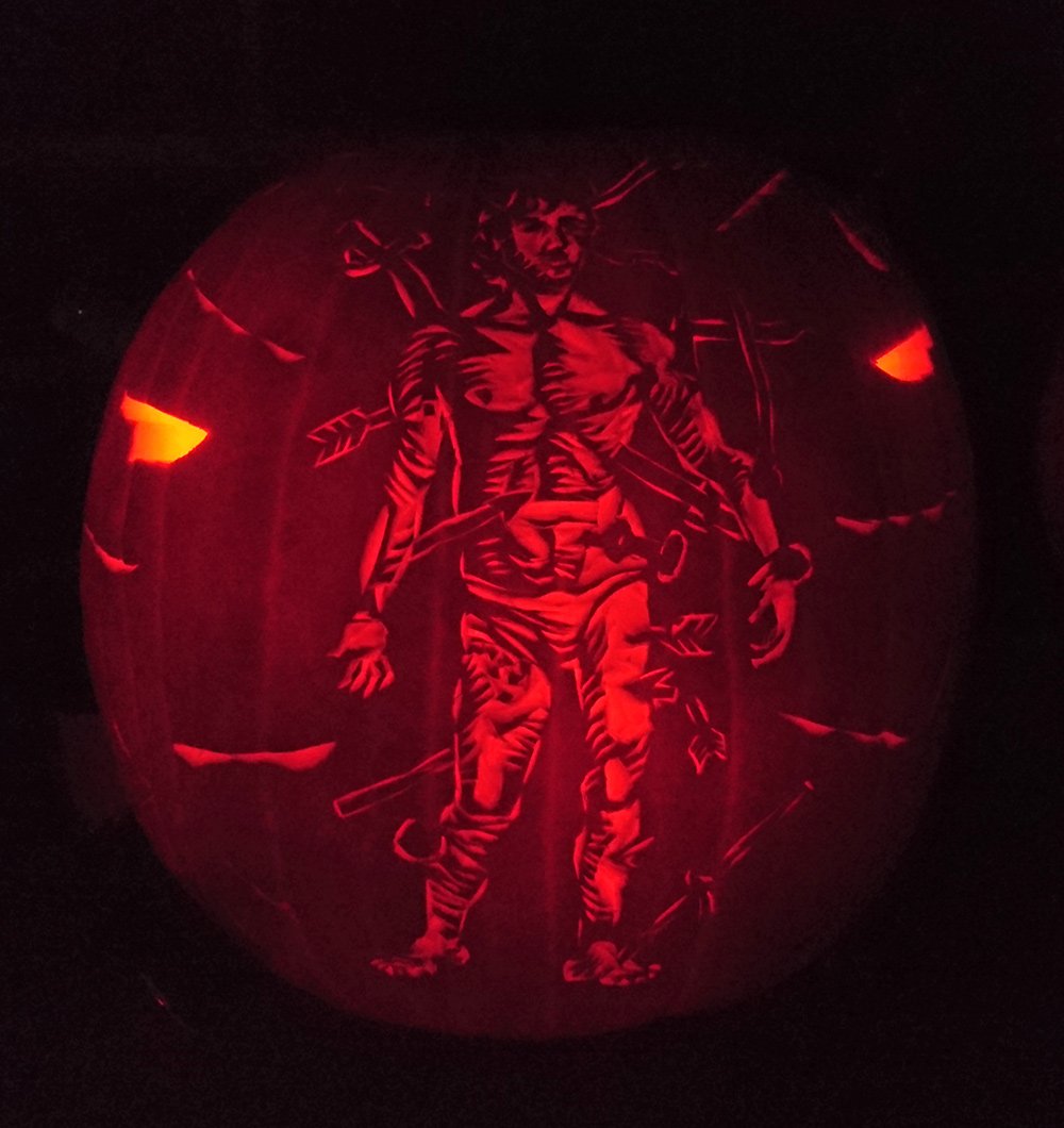 A pumpkin carving of the Wound Man. For the Inktober prompt "ripe" and the SciArtInk prompt "full figure".