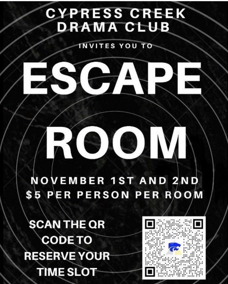 Sign up for the annual Cy Creek Theatre Department Drama Club Escape Room!!! $5 per person per room, CASH ONLY AT THE DOOR. m.signupgenius.com/#!/showSignUp/…