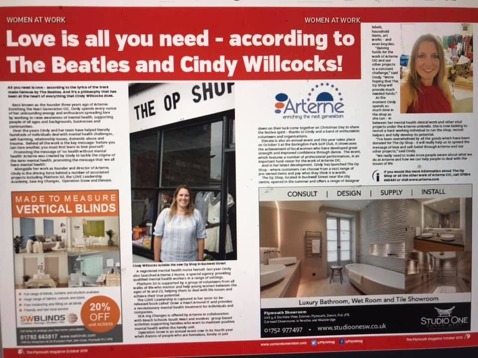 ArterneCIC's tweet photo. Check out our Director, Cindy Willcocks talking all things Arterne π in the October 2019 addition of @PlymMag ....did you see it? β€οΈ
#arterne #love #community #operationsnow #opshop https://t.co/xetMc5Oh93