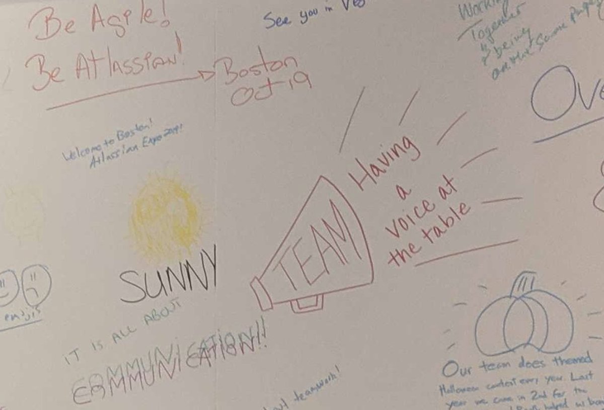 herzum_it's tweet image. RT #Atlassian: Zooming in on just a few of our favorite entries on the #AtlassianOpen Boston Team Talk wall! 👀 What makes your team great?