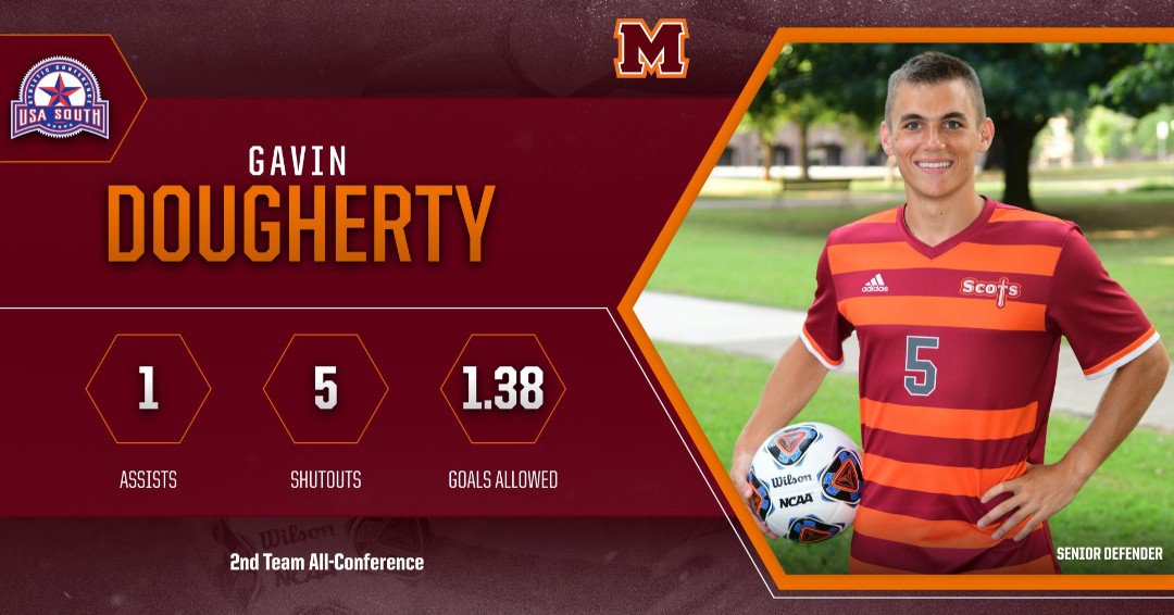 MCScots's tweet photo. Maryville College's Gavin Dougherty – a senior from Bernagat, N.J. – was named Second Team All-Conference by the USA South! This South Regional High product had an assist, as he had a hand in five shutouts and 1.38 goals allowed! Go Scots! #ScotsNation https://t.co/CvQx7pZK7W https://t.co/iHxmbD6WIU