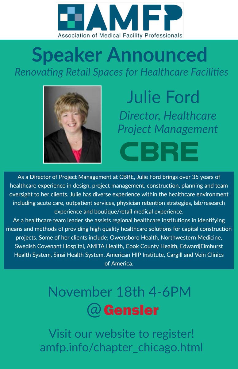 BrianLeeinc's tweet photo. Please join us Nov. 18 for our AMFP Chicago @amfp_chicago  next event on Renovating Retail Spaces for Healthcare Facilities! Register today at: https://t.co/p1ebk4KkEP.

Jeff Saad William Dawes Julie Ford John Zachara https://t.co/tzKApJLVUo