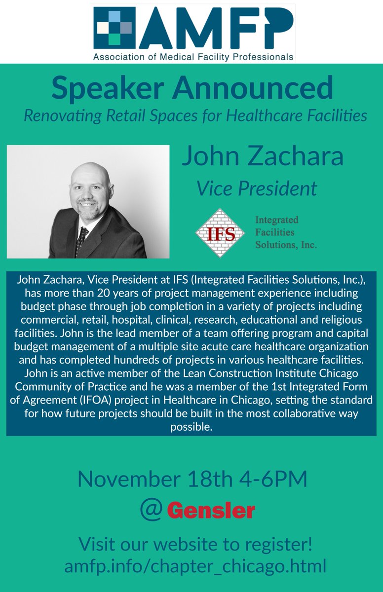 BrianLeeinc's tweet photo. Please join us Nov. 18 for our AMFP Chicago @amfp_chicago  next event on Renovating Retail Spaces for Healthcare Facilities! Register today at: https://t.co/p1ebk4KkEP.

Jeff Saad William Dawes Julie Ford John Zachara https://t.co/tzKApJLVUo